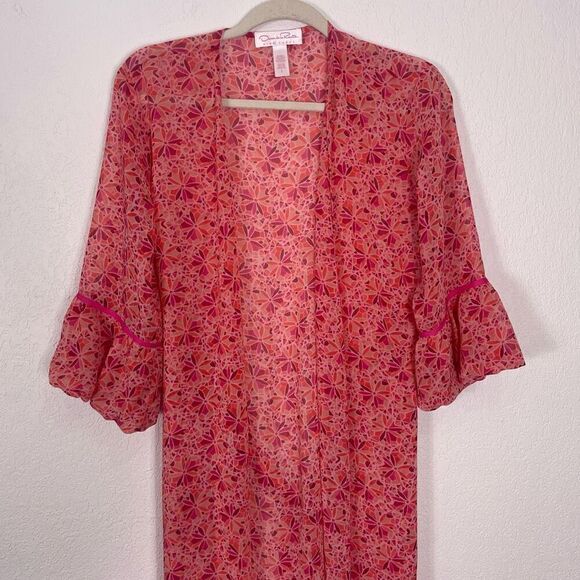Oscar De La Renta Pink & Orange Patterned Semi Sheer Kimono Open Top - Picture 3 of 6